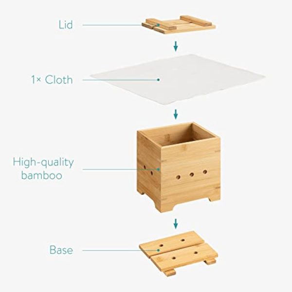 Exploded view of a bamboo tofu kit with press lid, one cloth, bamboo mold body and removable slatted base