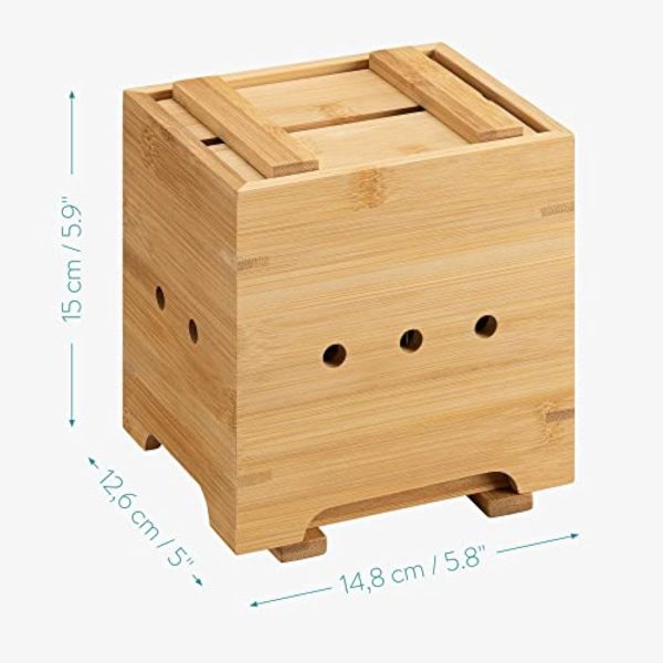 Bamboo tofu mold dimension guide showing 14.8 cm length, 12.6 cm width and 15 cm height