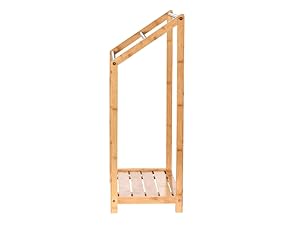 Side profile of a freestanding bamboo towel rack showing stepped rail heights and the bottom shelf