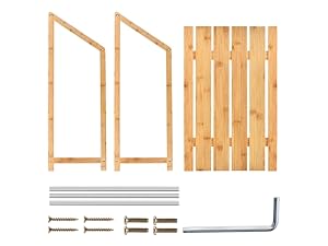 Bamboo towel rack parts showing two side frames, a slatted shelf, three rails, screws and an Allen key
