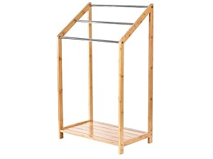 Freestanding bamboo towel rack with three silver-colored hanging rails and a slatted bottom shelf