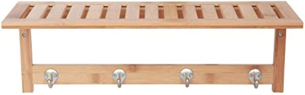 Bamboo wall shelf with a slatted top, open space below and four silver-colored curved hooks