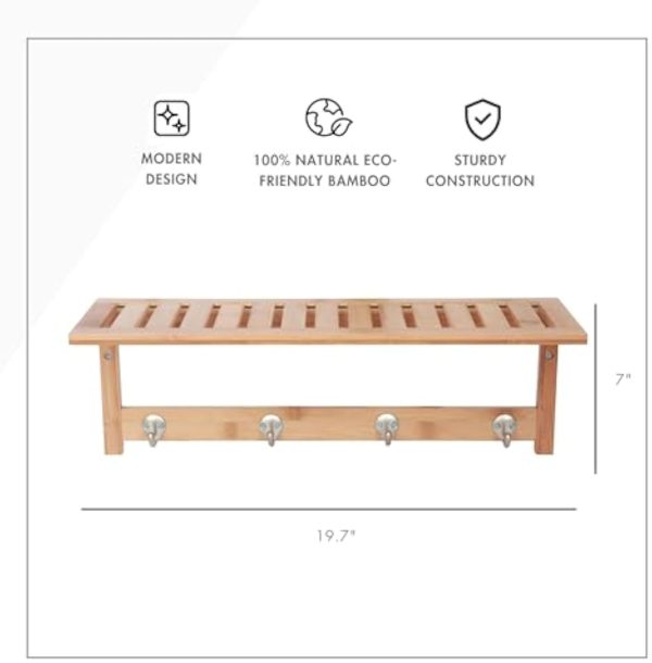 Bamboo wall shelf dimension graphic marked 19.7 inches wide and 7 inches high with four hooks below