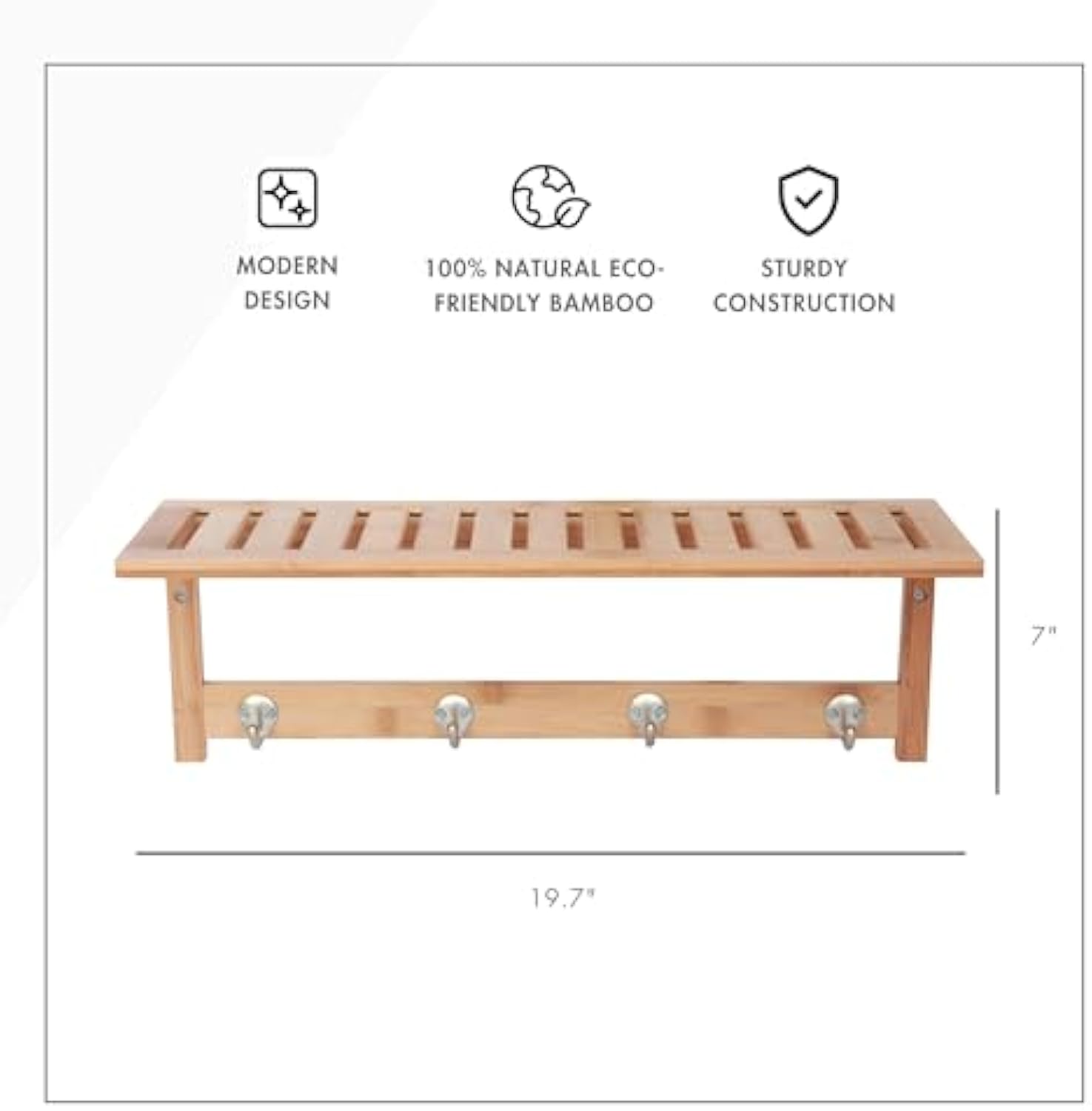 Bamboo wall shelf dimension graphic marked 19.7 inches wide and 7 inches high with four hooks below