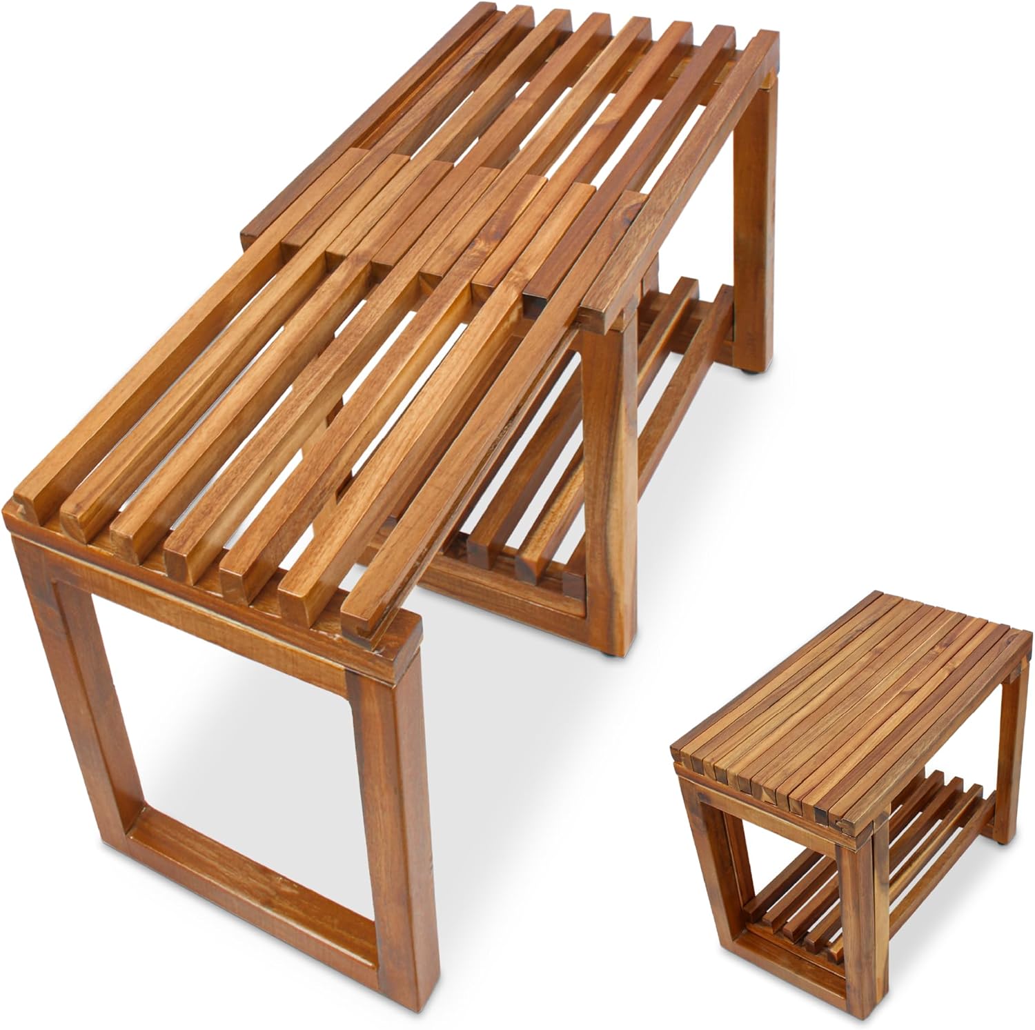 Adjustable acacia wood bench shown extended with interleaving top slats and in a compact inset view