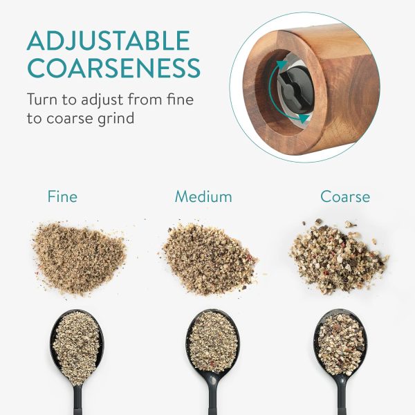 Wooden pepper mill base adjustment screw with illustrated fine, medium and coarse ground pepper