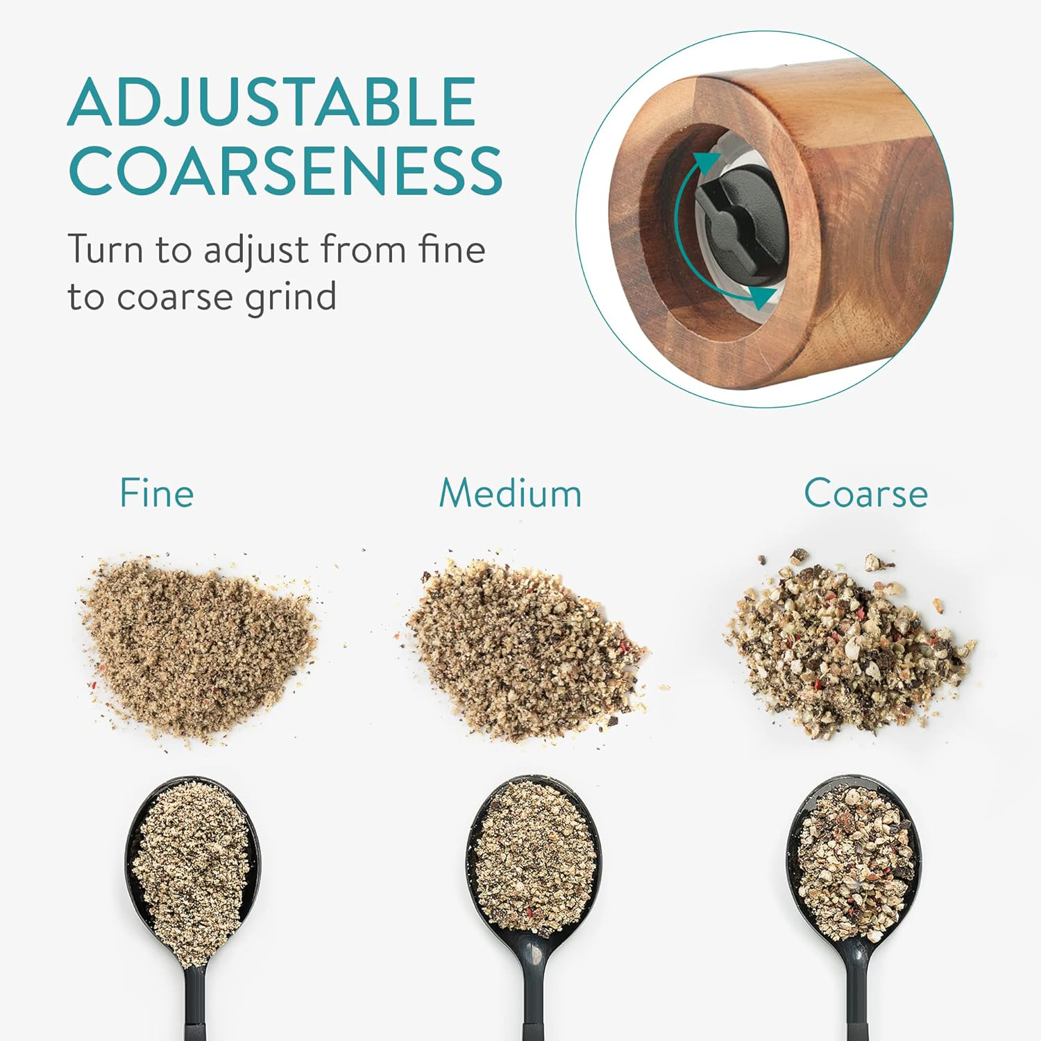 Wooden pepper mill base adjustment screw with illustrated fine, medium and coarse ground pepper
