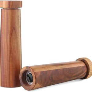 Acacia wood salt and pepper mill set with one mill upright and one showing the adjustable grinding base