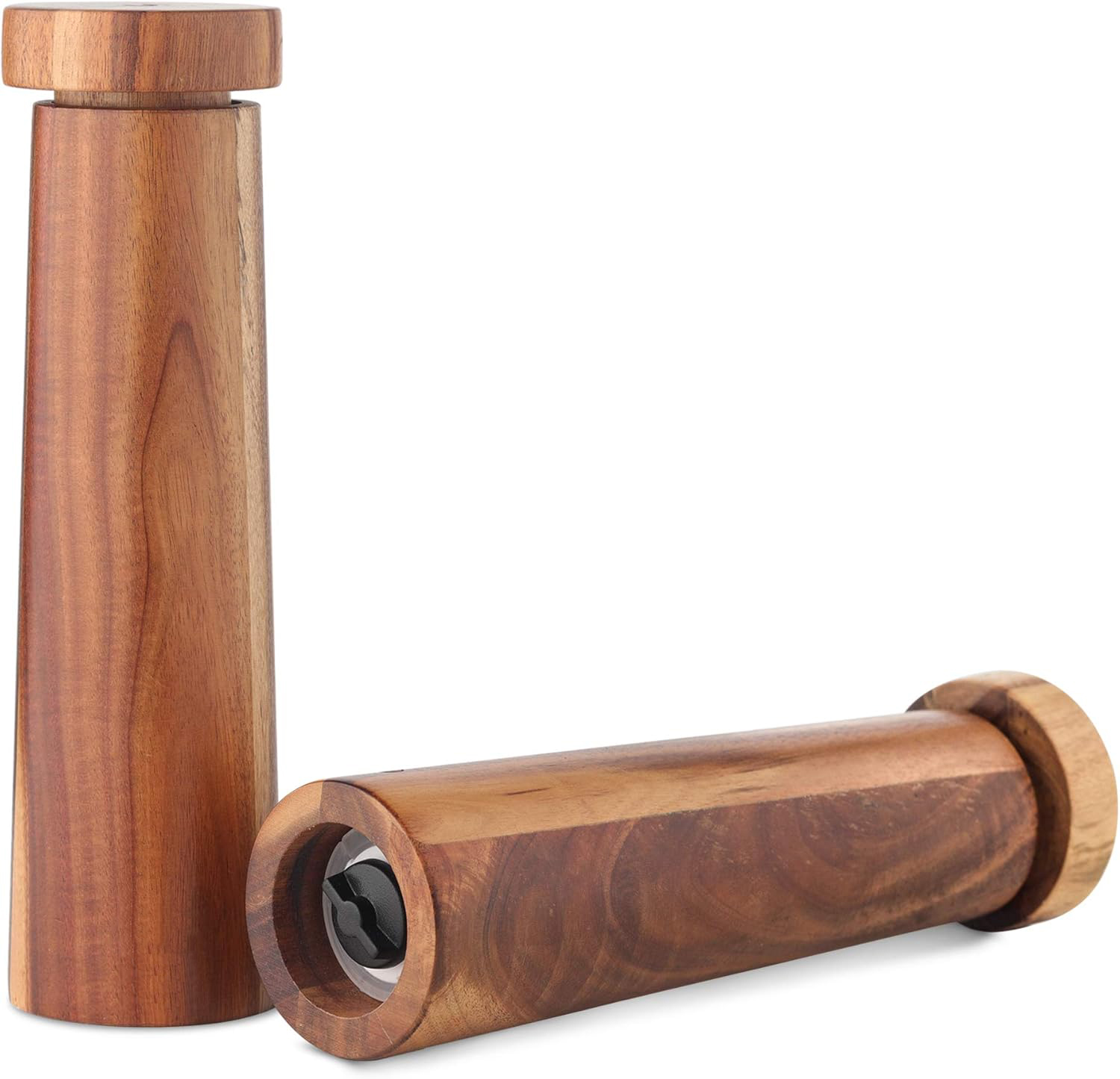 Acacia wood salt and pepper mill set with one mill upright and one showing the adjustable grinding base