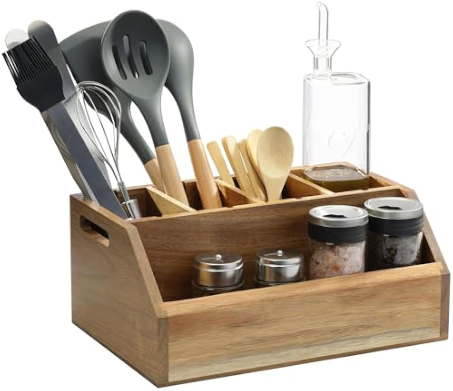 Acacia wood countertop organizer holding kitchen utensils, an oil bottle and condiment jars