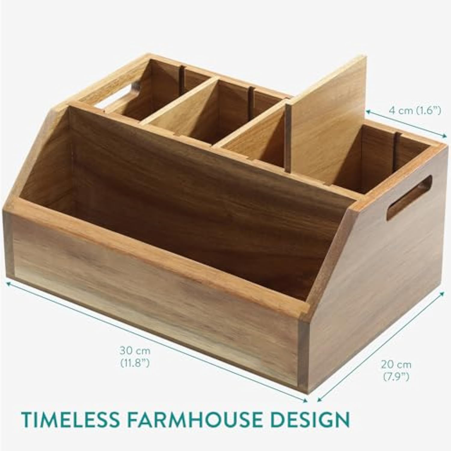 Acacia wood cutlery holder dimension illustration showing a 30 by 20 cm footprint and a removable divider