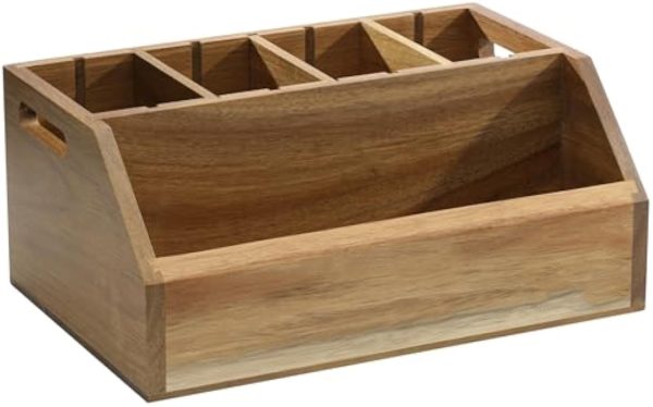 Empty acacia wood cutlery holder with four rear compartments, a long front compartment and side handles