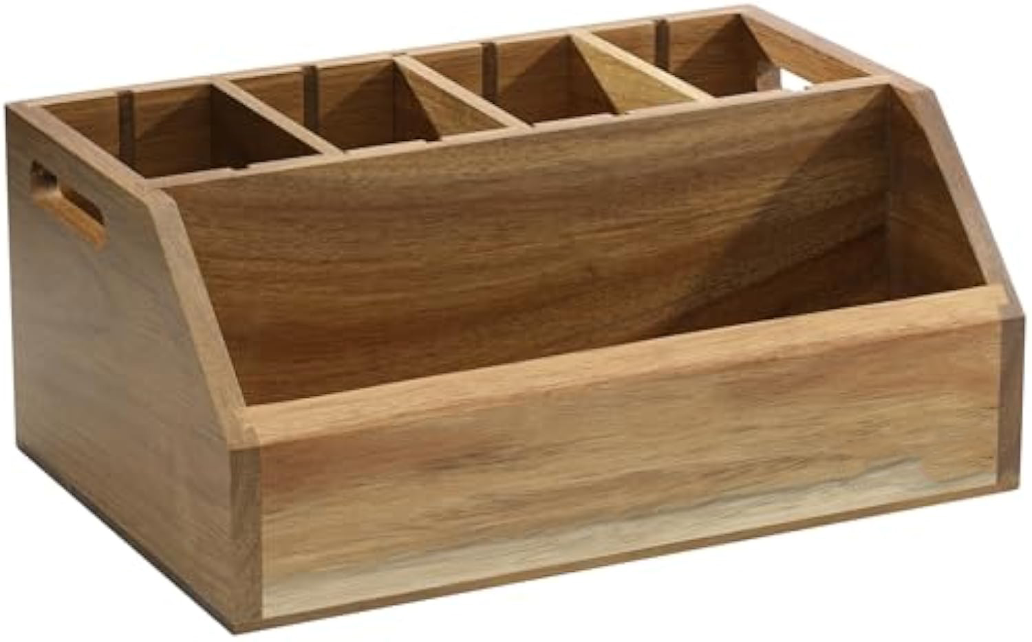 Empty acacia wood cutlery holder with four rear compartments, a long front compartment and side handles