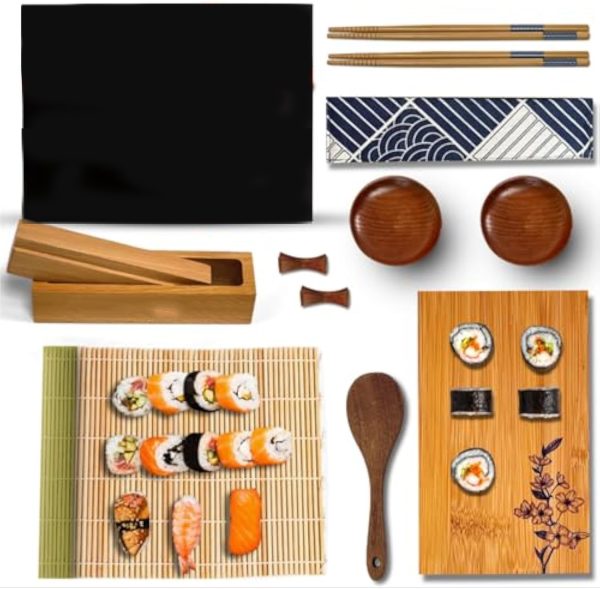 Bamboo sushi making kit with wooden maki press, rolling mat, rice paddle, serving plate, chopsticks and sauce dishes