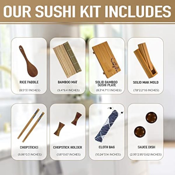 Bamboo sushi kit component guide showing the rice paddle, rolling mat, serving plate, wooden mold and serving accessories