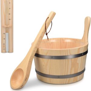 Pine wooden sauna bucket with ladle and a white sand timer on a white background