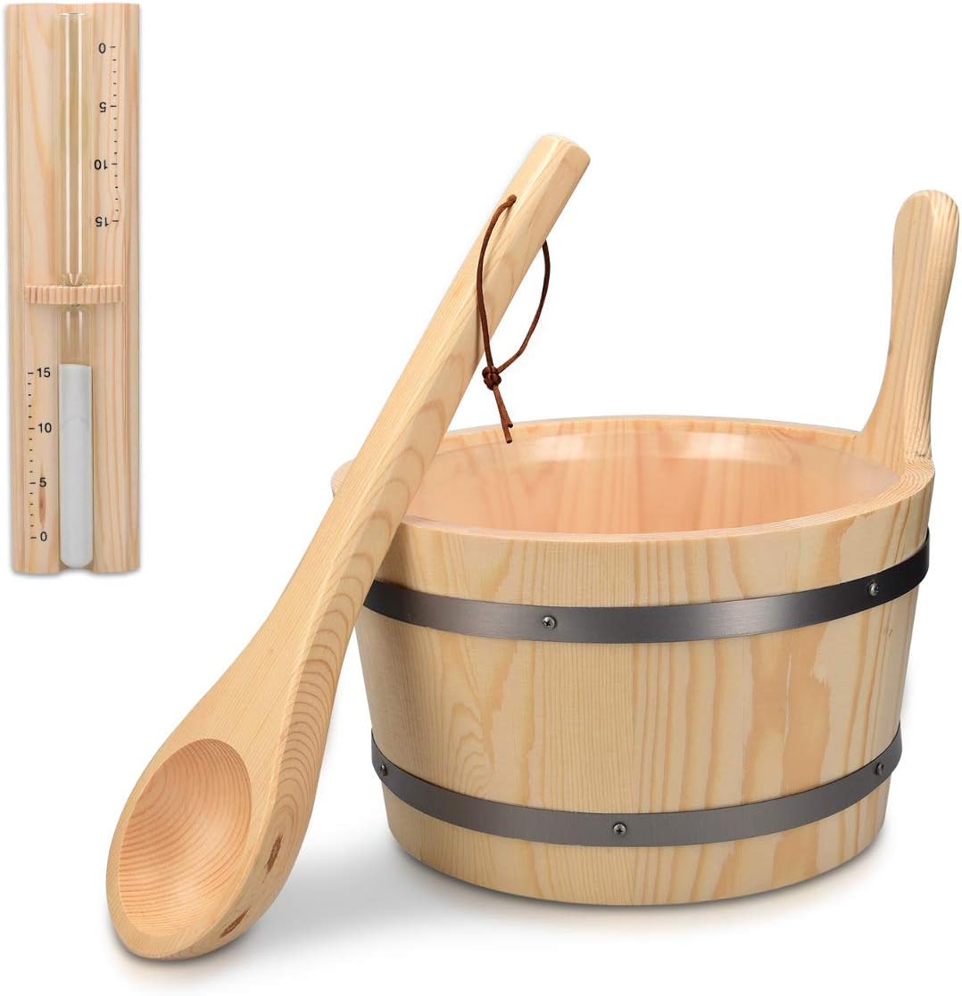Pine wooden sauna bucket with ladle and a white sand timer on a white background