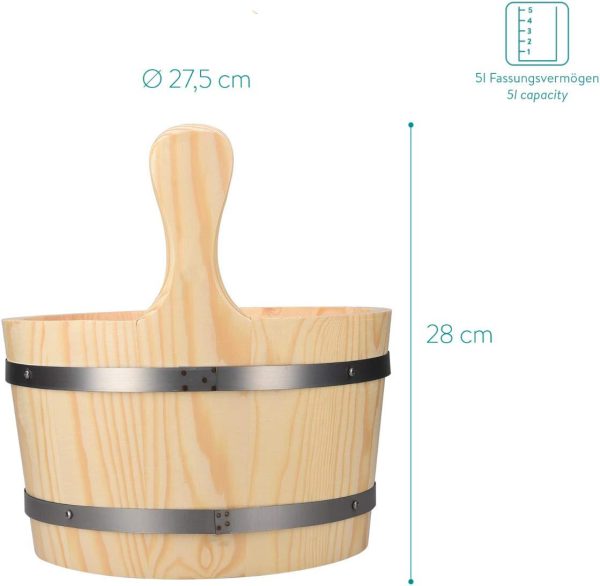 Wooden sauna bucket dimension guide showing 27.5 cm diameter, 28 cm height including the handle and 5L capacity