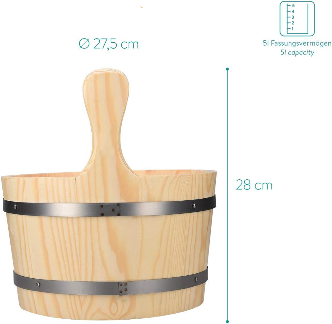 Wooden sauna bucket dimension guide showing 27.5 cm diameter, 28 cm height including the handle and 5L capacity