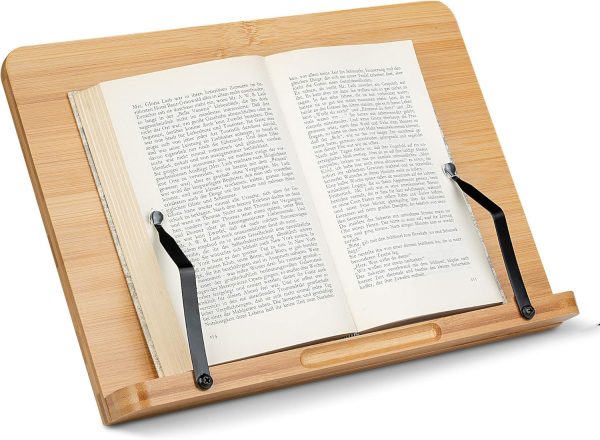 Bamboo book stand supporting an open book with two adjustable metal page holders