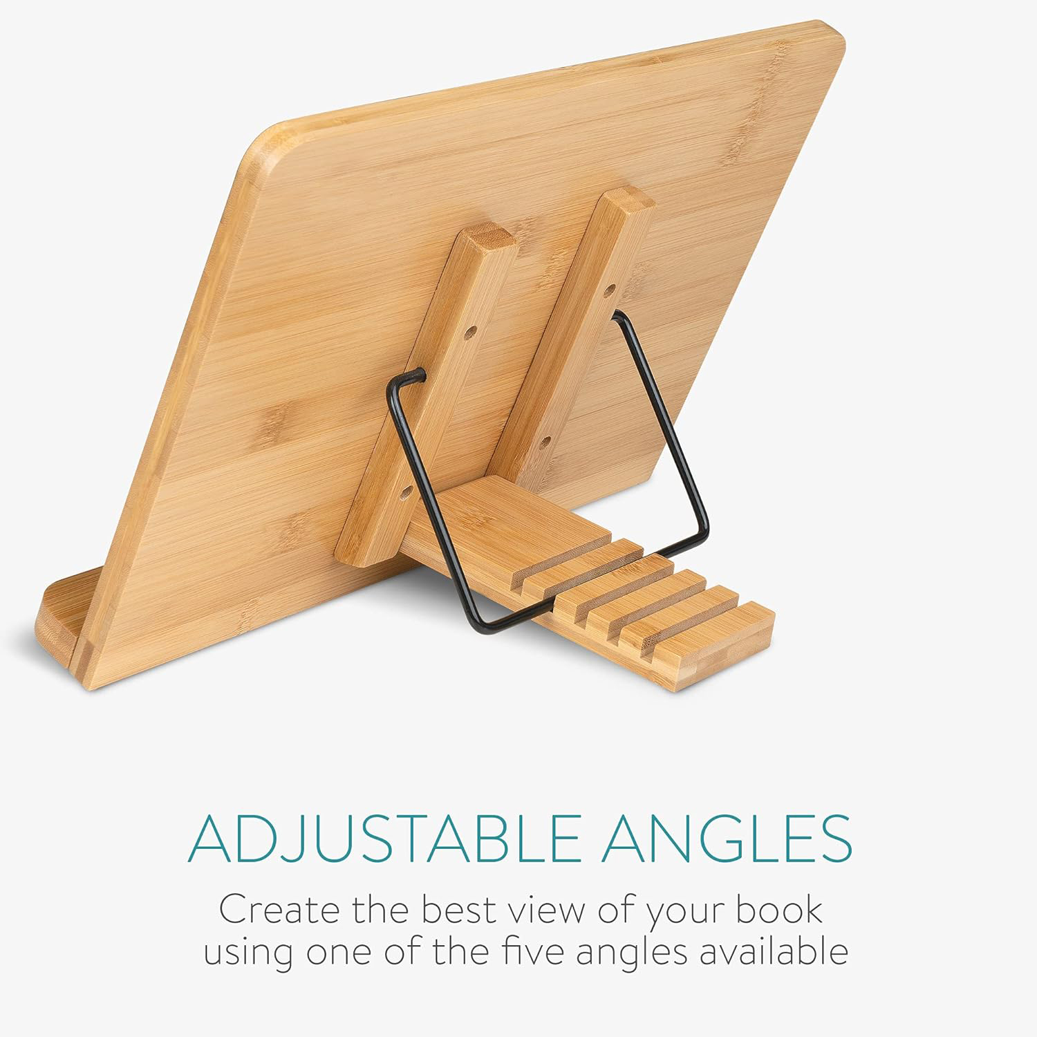 Rear view of a bamboo book stand showing the metal support and five adjustment grooves