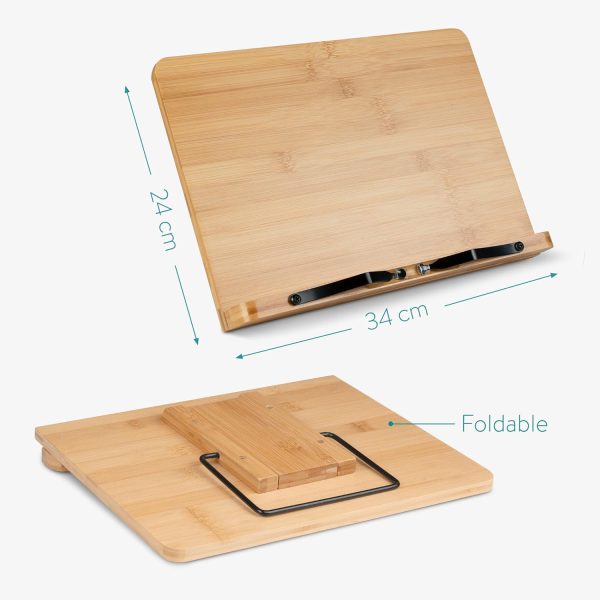 Bamboo book stand dimension guide showing a 34 by 24 cm panel and the rear support folded flat
