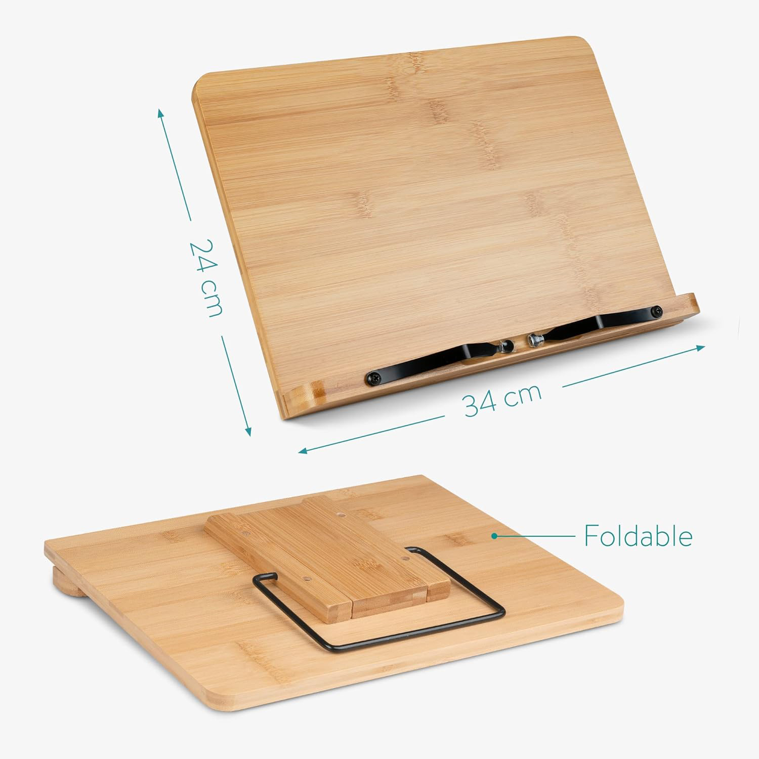 Bamboo book stand dimension guide showing a 34 by 24 cm panel and the rear support folded flat