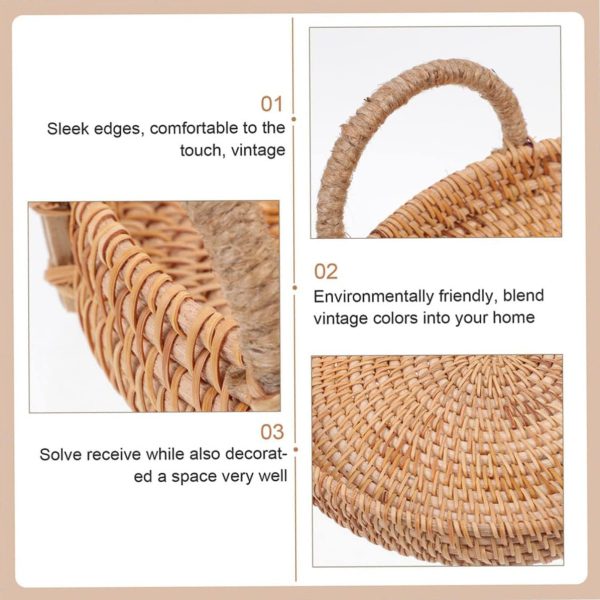 Detail graphic of a rattan tray handle, bound woven rim and circular woven base
