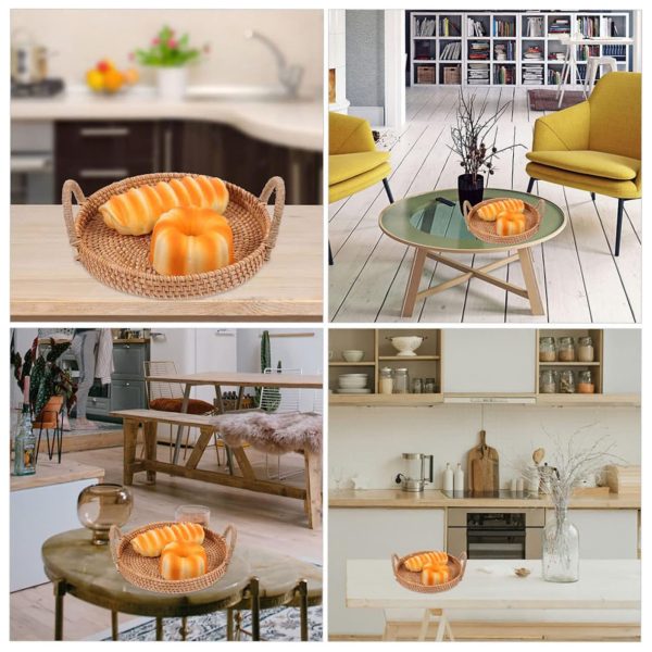 Four room settings showing a round woven tray with handles on kitchen and living room tables