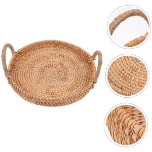 Round rattan serving tray with two wrapped loop handles and close-up insets of the woven base and rim
