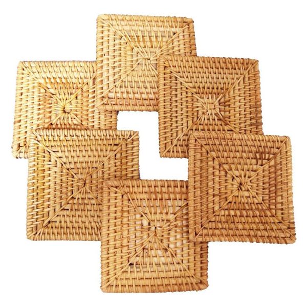 Six square rattan woven coasters laid out in an overlapping display