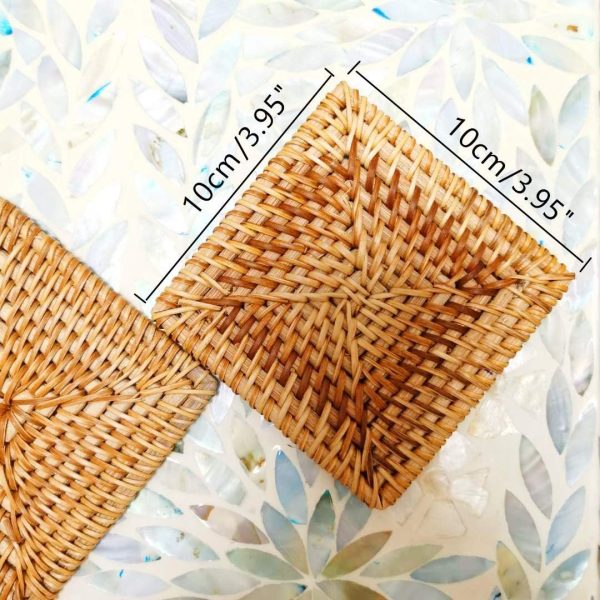 Square rattan coaster diagram labelled 10 cm or 3.95 inches along each of two sides