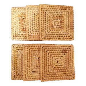 Square rattan woven coasters in two overlapping arrangements showing the woven surfaces and bound edges
