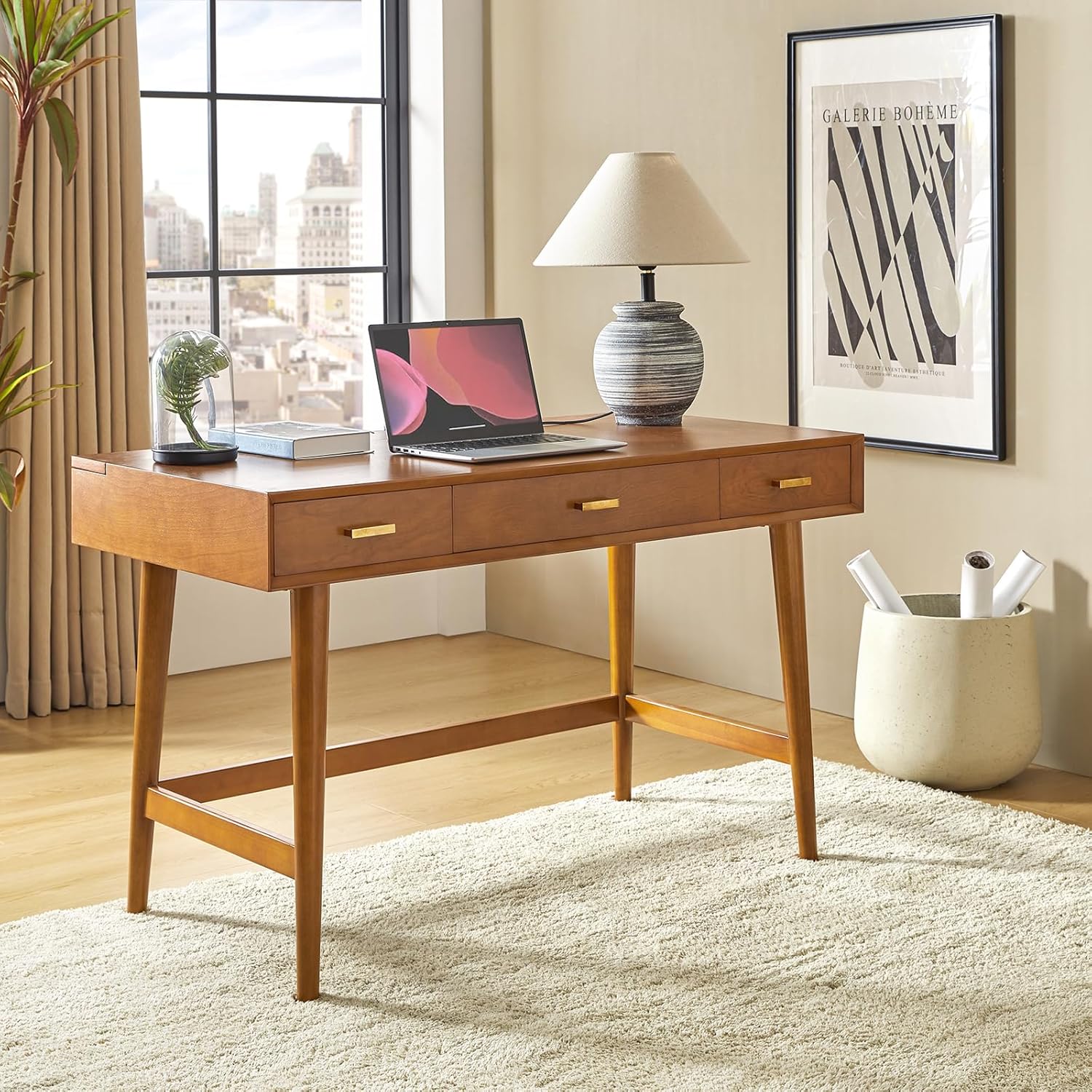 Natural Oak Executive Wooden Computer Desk with File Drawer Storage Light Wood Mid-Century Modern Office Desk for Work Studying Bamboo Wooden Products Manufacturer - Image 2