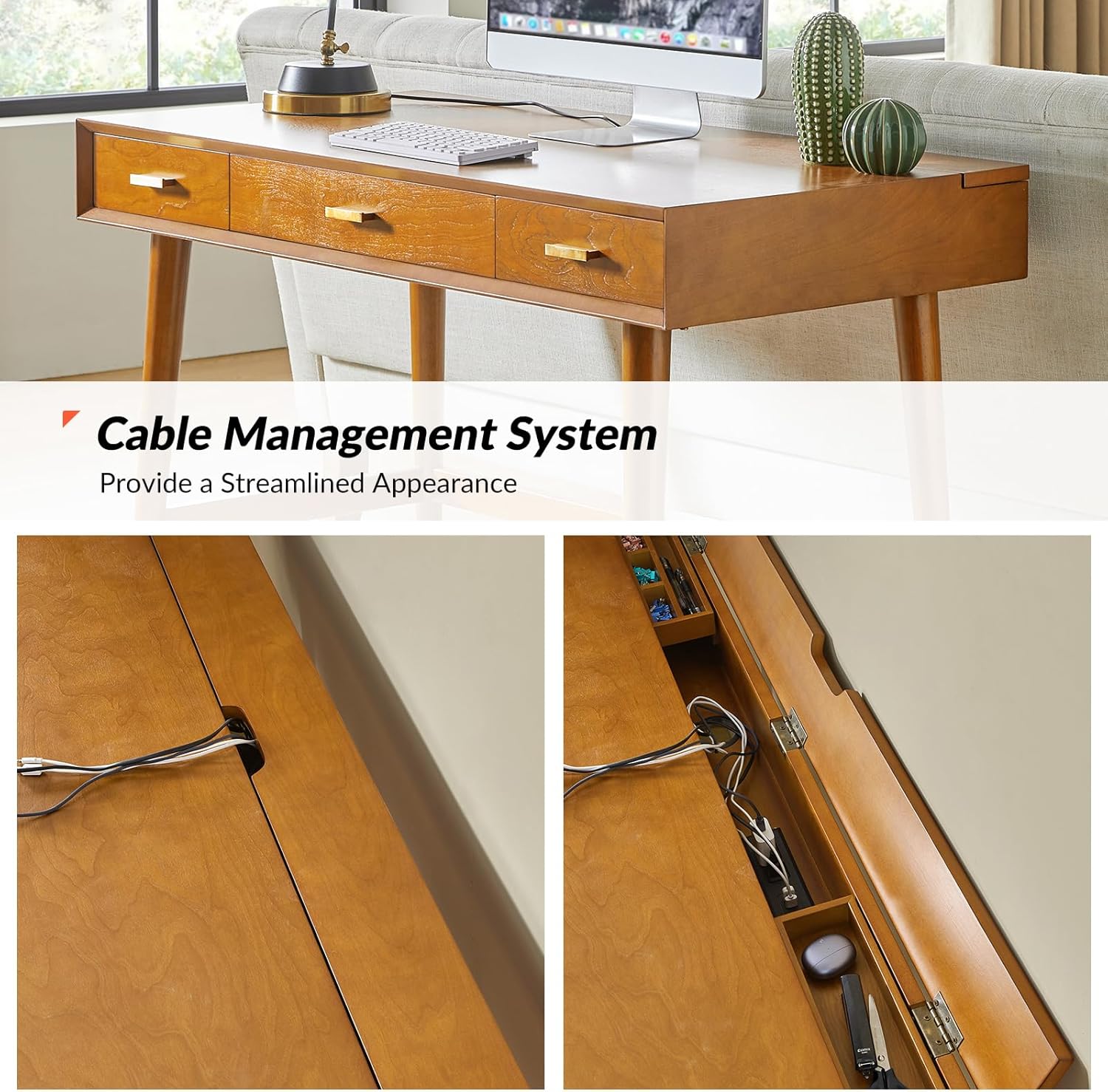 Natural Oak Executive Wooden Computer Desk with File Drawer Storage Light Wood Mid-Century Modern Office Desk for Work Studying Bamboo Wooden Products Manufacturer - Image 5