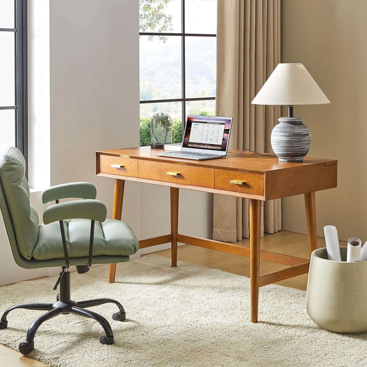 Natural Oak Executive Wooden Computer Desk with File Drawer Storage Light Wood Mid-Century Modern Office Desk for Work Studying Bamboo Wooden Products Manufacturer