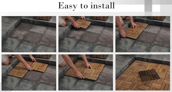 Six-panel installation illustration showing wood tiles joined by hand over paving and a black grid underside