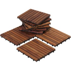 Stacked and laid-out teak wood flooring tiles with parallel slats and black interlocking bases