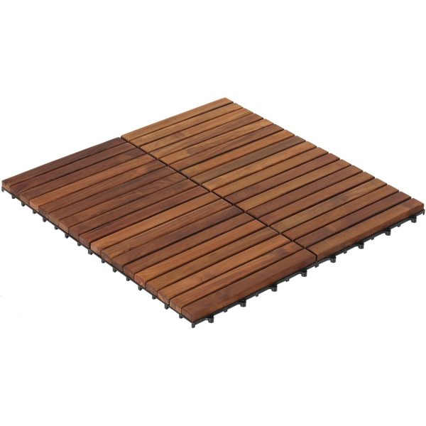 Four square teak wood floor tiles connected in a two-by-two layout with parallel slats