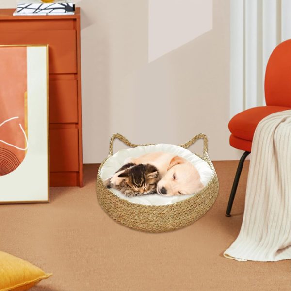 Cat curled on the white cushions inside a round woven cat bed beside an orange chair