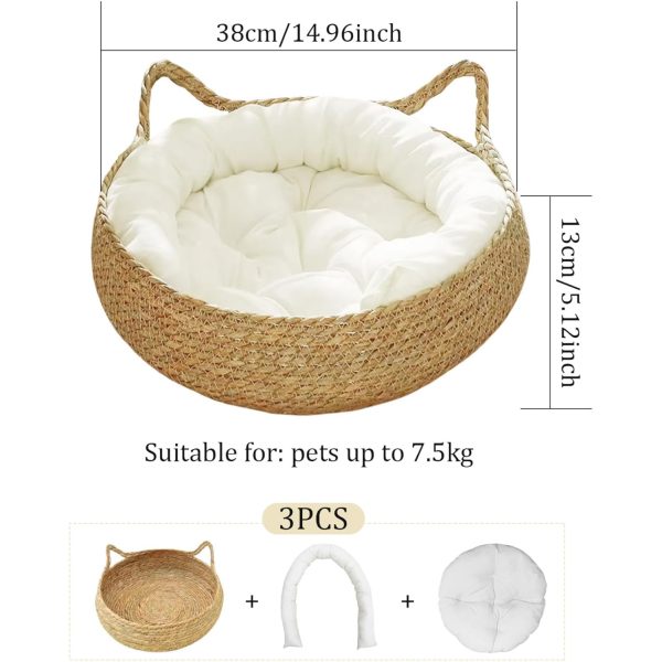 Woven cat bed dimension diagram showing 38 cm across, 13 cm basket height and a three-piece set