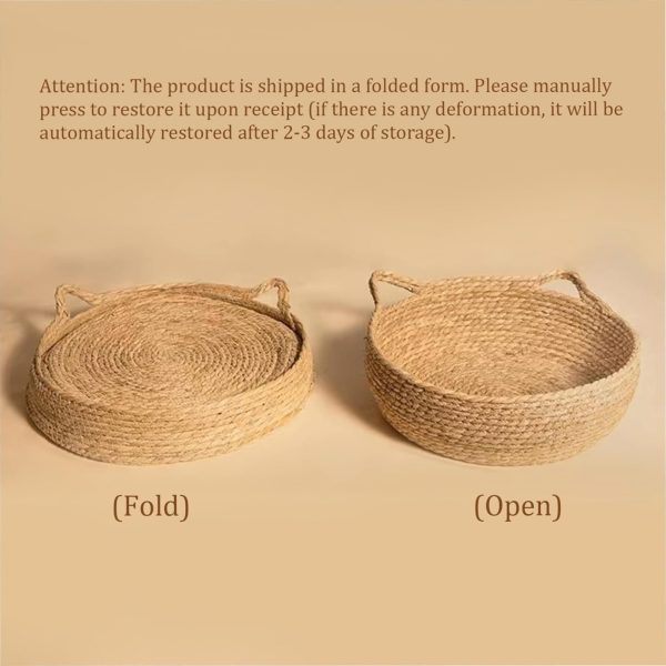 Round woven cat basket shown folded flat beside its open shape with shipping and reshaping guidance