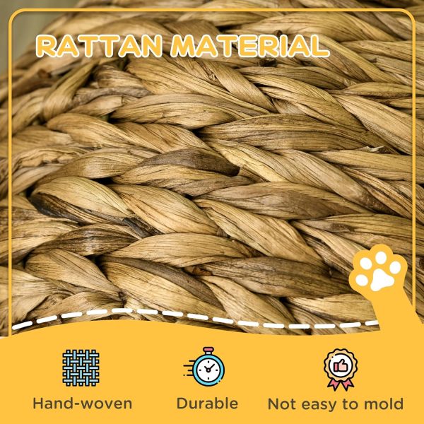 Close-up of broad interwoven strands in the cat bed with the image label Rattan Material