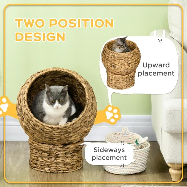 Two-position cat bed diagram comparing forward-facing and upward-facing basket openings