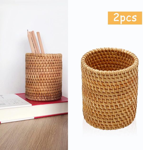 Two-piece rattan pencil holder image with a pencil-filled desk view beside an empty cup