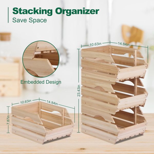 Wood bin size guide showing a 14.84 by 10.63 inch footprint, 7.87 inch single height and 23.43 inch three-bin stack
