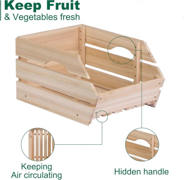 Wooden storage bin detail showing inset handle cutouts, slatted walls and an open front