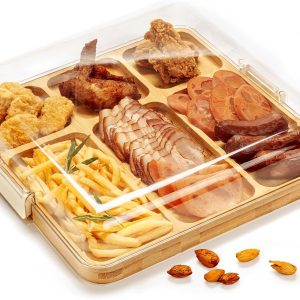Square bamboo charcuterie board with lid, six recessed compartments and buckle closures, shown with assorted snacks