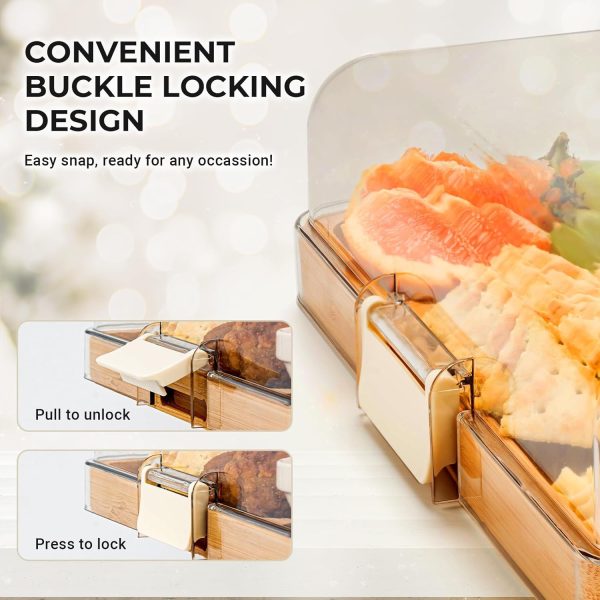 Close view of a bamboo board lid buckle with instructions to pull to unlock and press to lock