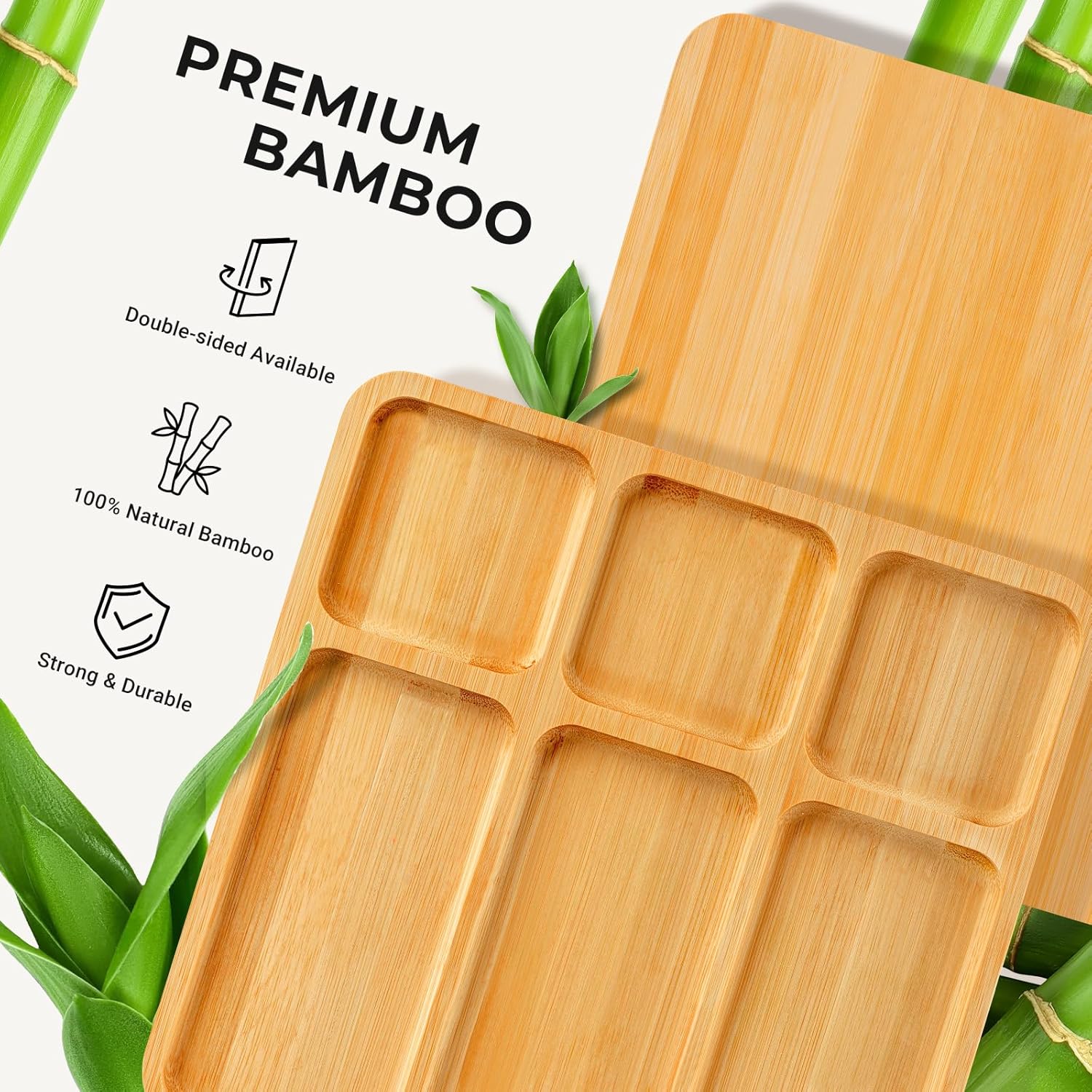 Bamboo board shown with a six-compartment serving face and a flat reverse face